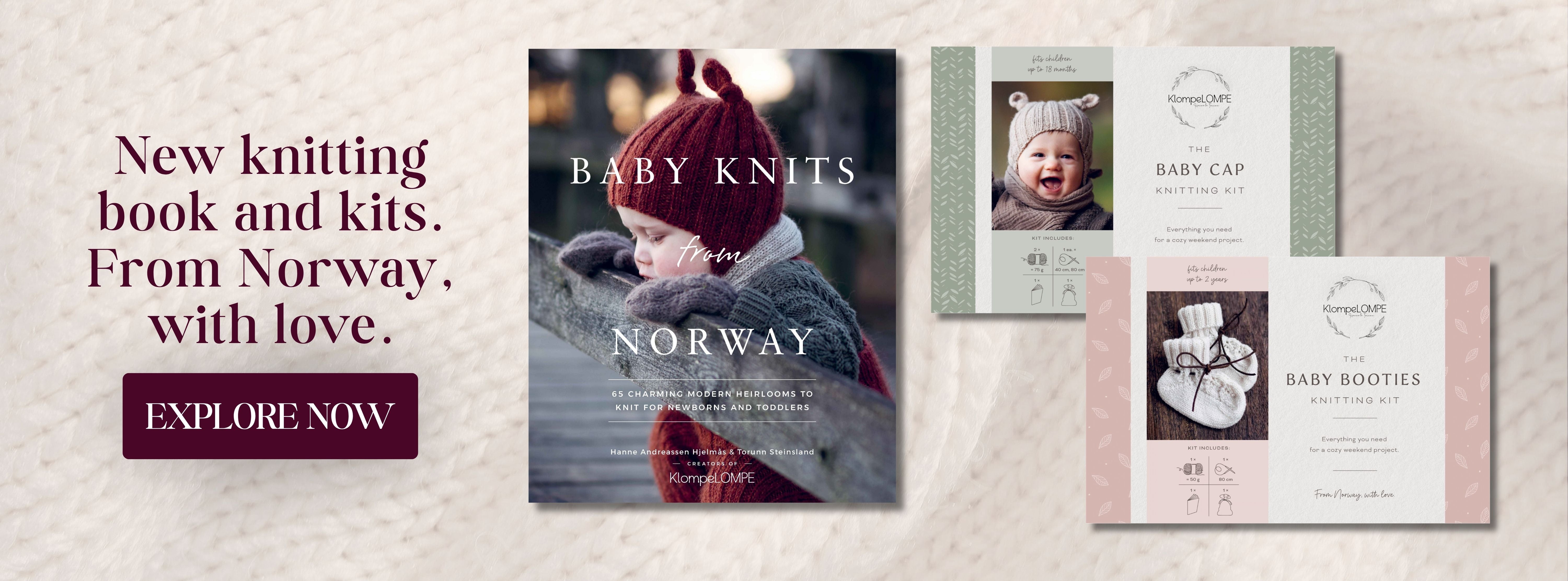 Promotional image for KlompeLOMPE knitting products, featuring a book titled Baby Knits from Norway alongside knitting kits for a baby cap and booties.