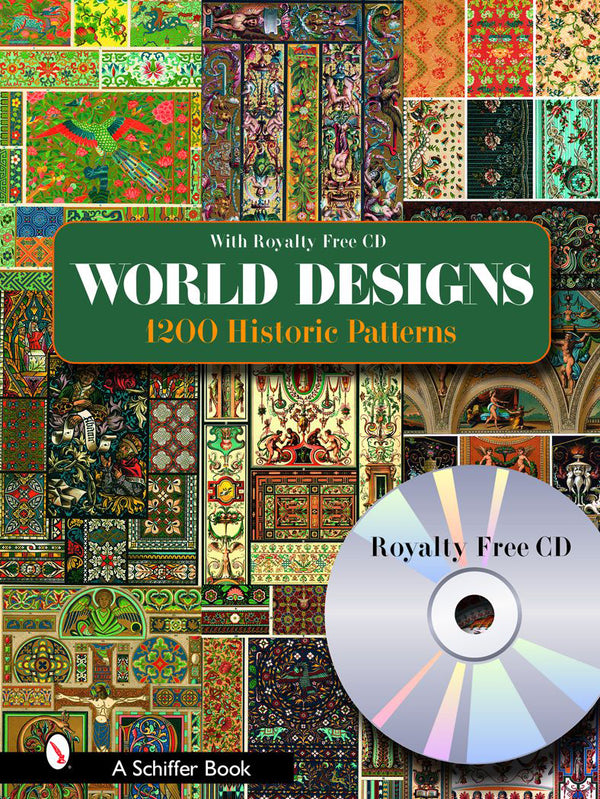 A book cover titled World Designs: 1200 Historic Patterns shows a collage of colorful, intricate patterns from various cultures and a “Royalty Free CD” disk image. The publisher is Schiffer Books.