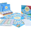 The Game of Insight by Schiffer Publishing, Ltd. is shown with its blue and yellow game board, cards, instruction sheets, box, and various game pieces thoughtfully arranged in an eye-catching display.