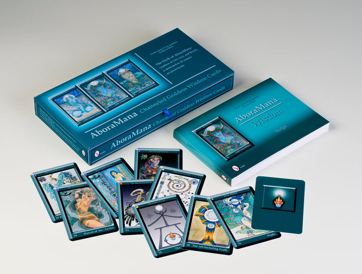The AboraMana card set by Schiffer Publishing, Ltd. is shown with an open guidebook and vibrant self-discovery cards arranged in front of the box, featuring mystical goddess-themed artwork.