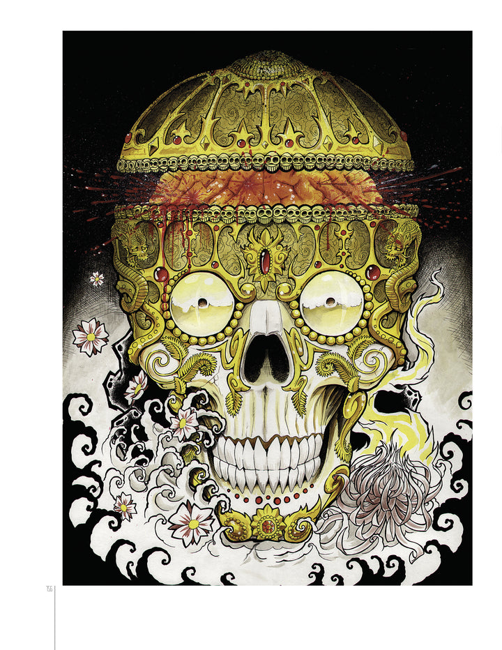 TattooIsMe by Schiffer Publishing, Ltd. features an ornate golden skull with red accents, smoke, and flowers. Inspired by international tattoo art, its detached dome and black-red shading create a mystical, eerie vibe.
