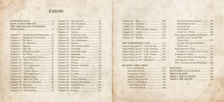 A vintage, double-page table of contents with chapter titles and page numbers from The Chronicles of Destiny Fortune Cards by Schiffer Publishing, Ltd., featuring sepia-toned, stained pages like those of a classic cartomancy guidebook.