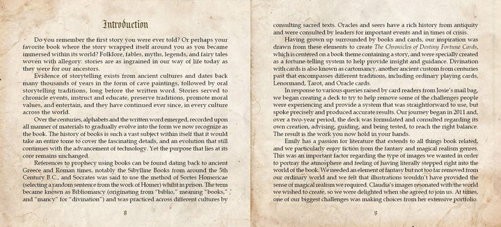 A two-page spread from The Chronicles of Destiny Fortune Cards by Schiffer Publishing, Ltd.: The left page, titled Introduction, explores storytelling origins and ancient inspirations; the right page reflects on creativity and inspiration.