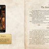 A two-page book spread: left page shows a girl in a white dress and hat inside a shop, a card titled “The Enchanted Emporium,” a story moral about learning, and The Chronicles of Destiny Fortune Cards by Schiffer Publishing, Ltd.; right page has chapter text and definition.