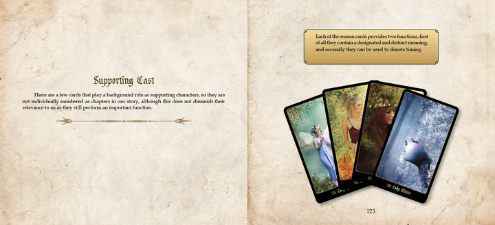 An open book from The Chronicles of Destiny Fortune Cards by Schiffer Publishing, Ltd. shows a Supporting Cast section and four illustrated oracle cards of women in nature, with a text box above explaining the cards' purpose.