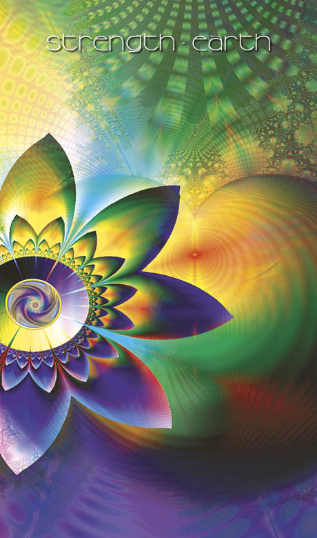 A vibrant, abstract design with a multicolored fractal flower and swirling green, yellow, and orange patterns—ideal for chakra healing—adorns Schiffer Publishing, Ltd.'s Healing Light and Angel Cards; "strength earth" appears at the top.