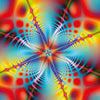 A vibrant, abstract digital artwork with swirling lines and vivid colors—red, blue, yellow, and green—evoking chakra healing features "inner beauty" at the top. Product: Healing Light and Angel Cards by Schiffer Publishing, Ltd.