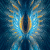 Abstract digital art features vibrant blue and orange glowing wings radiating energy on a dark background. "Healing Light and Angel Cards" by Schiffer Publishing, Ltd. is displayed in a futuristic font, evoking a cosmic, energetic atmosphere.
