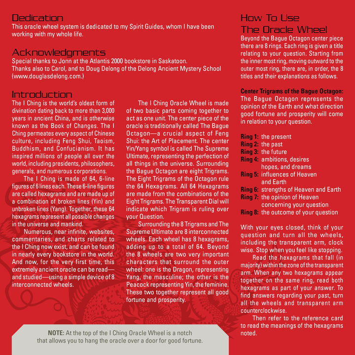 An instructional page with a red background explains how to use The I Ching Oracle Wheel by Schiffer Publishing, Ltd., featuring hexagrams, dedication, acknowledgements, introduction, usage steps, and a gray note box at the bottom.