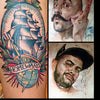 On the left, TattooIsMe 2 by Schiffer Publishing, Ltd. shows a colorful ship tattoo with "Homeward" text; on the right, two painted portraits—a mustached man making a dramatic gesture above and a bearded man with a cap below—resemble artbook pages.