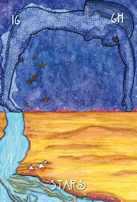 A cosmic figure inspired by ancient Egyptian gods arches above pyramids and a river under a star-filled sky. Text reads 16, 6H, STARS, and The Egyptian Lenormand by Schiffer Publishing, Ltd., a unique divination card deck.