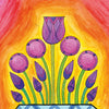 A vivid drawing of a large purple tulip and eight buds in a geometric vase, set against a bright yellow-orange backdrop, inspired by The Egyptian Lenormand by Schiffer Publishing, Ltd. The text reads "9 QS and FLOWERS.