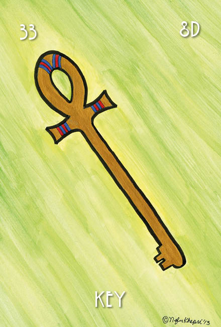 An illustration from The Egyptian Lenormand by Schiffer Publishing, Ltd. features a gold ankh key with red and blue accents on a green watercolor background, numbered 33 and 8D in the corners with "KEY" at the bottom.