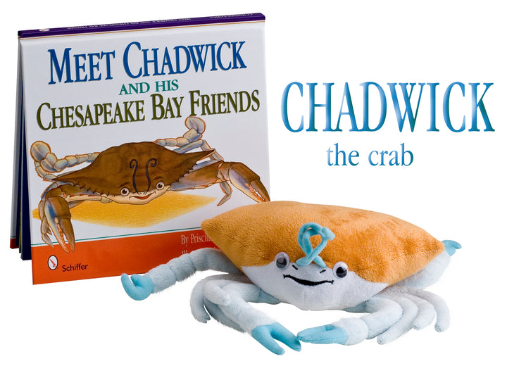 The Chadwick the Crab™ Plush Toy Character by Schiffer Publishing, Ltd. appears beside an illustrated Chesapeake Bay blue crab on the cover of a classic children's book series about the Chesapeake Bay.