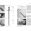 A two-page spread from Sword Fighting 2 by Schiffer Publishing, Ltd. displays labeled sword diagrams, hilt and cross-guard close-ups, vibration nodes, racks of swords, and descriptive text, as seen in a medieval combat manual.