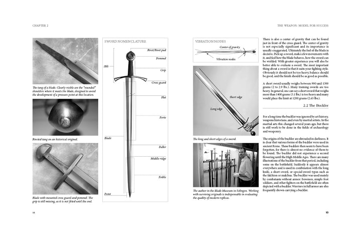 A two-page spread from Sword Fighting 2 by Schiffer Publishing, Ltd. displays labeled sword diagrams, hilt and cross-guard close-ups, vibration nodes, racks of swords, and descriptive text, as seen in a medieval combat manual.