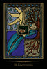 A vibrant image from the Shamanic Healing Oracle Cards by Schiffer Publishing, Ltd.: four sections—yellow sun (top left), brown tree with blue leaves (top right), blue feather (bottom left), red roots (bottom right), two stones center. Text: 36 Grounding.