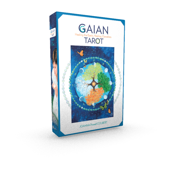 A vibrant Gaian Tarot box by Schiffer Publishing, Ltd. displays earth, leaves, water, and butterflies in a circular design—symbolizing the elements—on white, ideal for anyone seeking a healing Tarot card experience.