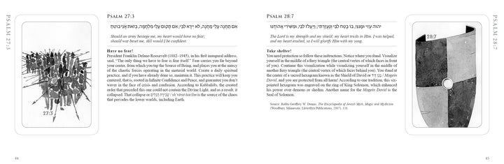 The PSALM® Cards by Schiffer Publishing, Ltd. show Psalm 27:3 and 27:7 in English and Hebrew with commentary and black-and-white art: a shield wall on the left and a segmented circular design labeled 27:7 on the right.