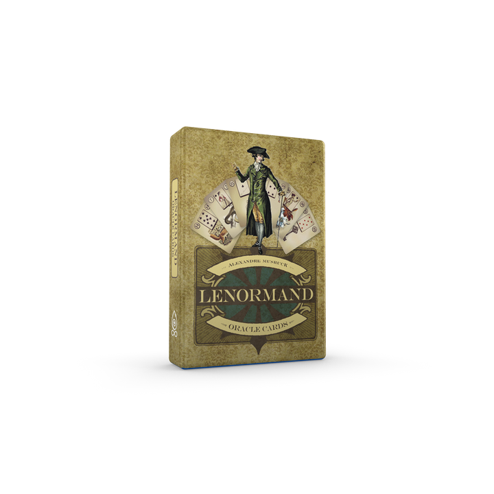 The Lenormand Oracle Cards by Schiffer Publishing, Ltd. feature vintage-style art of a historical figure over four illustrated cards on a textured gold background—ideal for fans of oracle and divination cards.