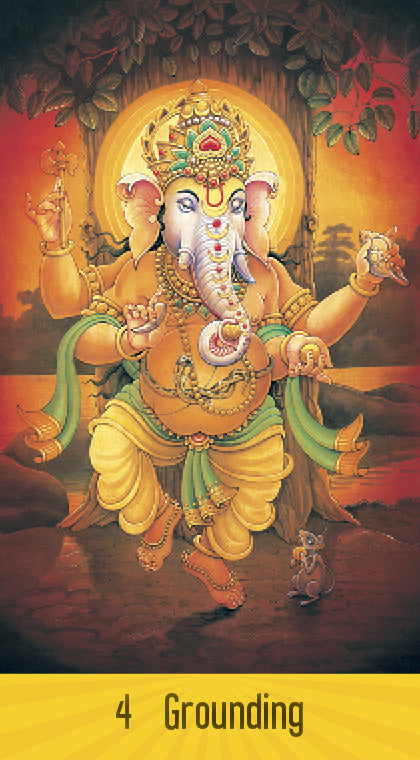 A vibrant illustration of Hindu deity Ganesha dancing, adorned with gold and a crown, a glowing aura and a mouse at his feet. Inspired by chakra oracle symbolism, the “4 Grounding” card is from Sacred Mysteries by Schiffer Publishing, Ltd.