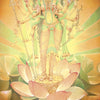 Sacred Mysteries by Schiffer Publishing, Ltd. depicts a six-armed, three-faced deity on a lotus, holding symbolic objects. Radiant light shines behind, invoking Tantric wisdom. '19 Right Action' is shown at the bottom.