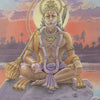 An artistic portrayal of Hanuman meditating on a rock at sunset, with jewelry and halo, embodies Tantric wisdom. "Sacred Mysteries" by Schiffer Publishing, Ltd. appears on a green banner, evoking a chakra oracle deck.