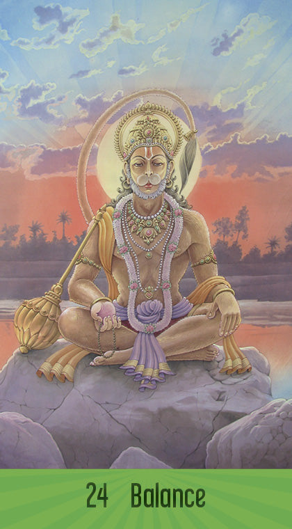 An artistic portrayal of Hanuman meditating on a rock at sunset, with jewelry and halo, embodies Tantric wisdom. "Sacred Mysteries" by Schiffer Publishing, Ltd. appears on a green banner, evoking a chakra oracle deck.