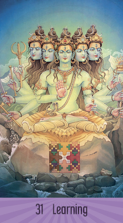 A multi-headed, multi-armed deity sits cross-legged on a rock, holding objects that embody Tantric wisdom. Below is a colorful puzzle pattern. "Sacred Mysteries" by Schiffer Publishing, Ltd. and the number 31 appear at the bottom.