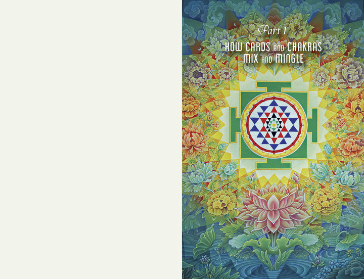 A vibrant mandala with geometric and floral patterns, inspired by chakras, features "Sacred Mysteries" by Schiffer Publishing, Ltd. "Part 1: How Cards and Chakras Mix and Mingle" appears above. Left side remains blank.