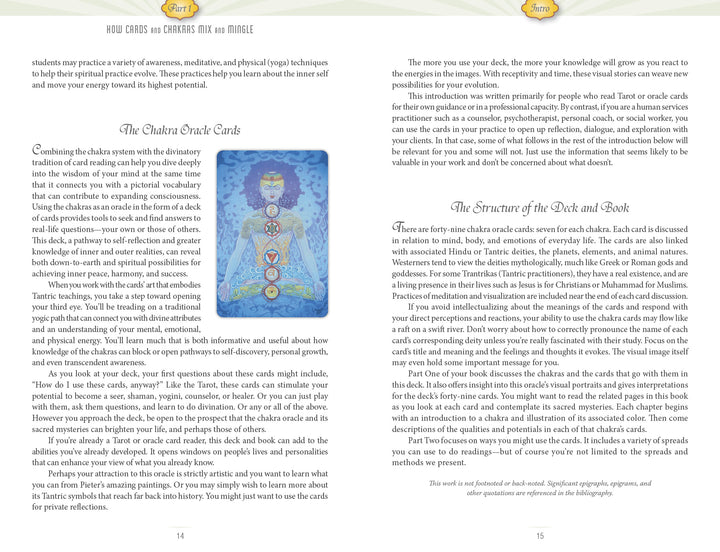 A two-page spread in Sacred Mysteries by Schiffer Publishing, Ltd. features an illustrated card of a meditating figure with highlighted chakras on the left and text about using a chakra oracle deck on the right.