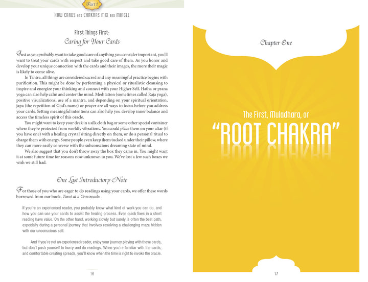 In Sacred Mysteries by Schiffer Publishing, Ltd., one page offers Tantric guidance and an introduction to caring for your chakra oracle deck; the opposite, sunburst-yellow page announces Chapter One—Muladhara, the Root Chakra.