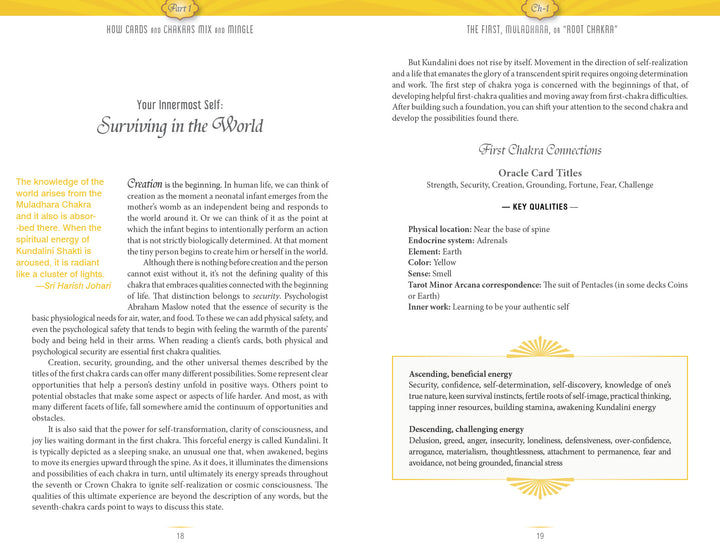 A two-page spread in "Sacred Mysteries" by Schiffer Publishing, Ltd. explores the root chakra and personal survival, featuring a highlighted quote, descriptive text, and lists, with design accents inspired by Tantric wisdom.