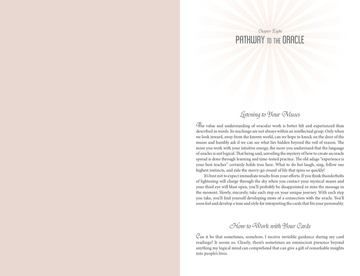 An open book from Schiffer Publishing’s "Sacred Mysteries" displays Chapter Eight: "Pathway to the Oracle," with a pale pink left page and a right page about Listening to Your Muses and using a chakra oracle deck with your cards.