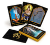 A spread of illustrated archetype cards from The Mahābhārata Oracle by Schiffer Publishing, Ltd. features deities and symbols labeled Imagination, Abundance, Power, and Precipitations. The back shows a gold Om on a black marbled background.