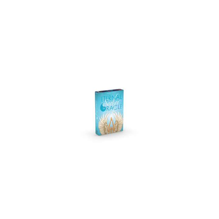 A box of Eternal Seeker Oracle by Schiffer Publishing, Ltd. sits on a white surface with light blue title text, golden angel wings, and a glowing light over a blue background—a soul-healing deck for your journey.