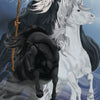 An illustrated wizard with long white hair and beard holds a glowing staff, standing behind black and white horses. Inspired by Rider-Waite art, the card reads “Sacred Alignment.” From Eternal Seeker Oracle by Schiffer Publishing, Ltd.