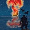 A fiery phoenix rises from a burning ship on a starry lake, its reflection shimmering below. A silhouetted archer stands on a rock in the foreground—an image from the Eternal Seeker Oracle by Schiffer Publishing, Ltd. "Traveler" is at bottom left.