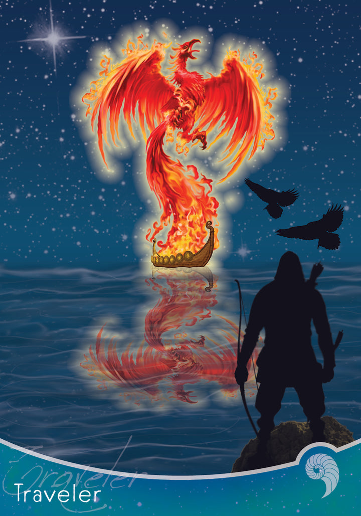 A fiery phoenix rises from a burning ship on a starry lake, its reflection shimmering below. A silhouetted archer stands on a rock in the foreground—an image from the Eternal Seeker Oracle by Schiffer Publishing, Ltd. "Traveler" is at bottom left.