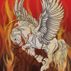 A white winged horse battles orange chains amid fierce flames on a red background. "Eternal Seeker Oracle" by Schiffer Publishing, Ltd. appears below in a blue border, channeling the transformative power of this soul healing deck.