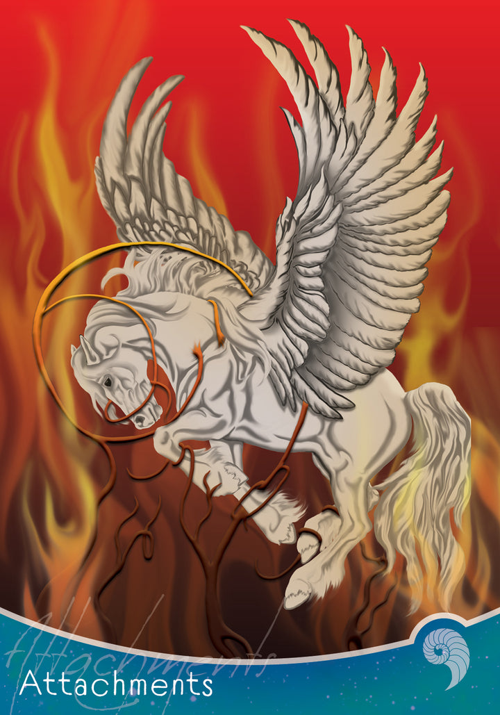 A white winged horse battles orange chains amid fierce flames on a red background. "Eternal Seeker Oracle" by Schiffer Publishing, Ltd. appears below in a blue border, channeling the transformative power of this soul healing deck.