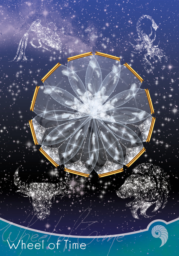 A radiant mandala wheel floats among zodiac constellations in a starry sky, inspired by Rider-Waite art. The Eternal Seeker Oracle by Schiffer Publishing, Ltd. features "Wheel of Time" text and a nautilus shell icon below.