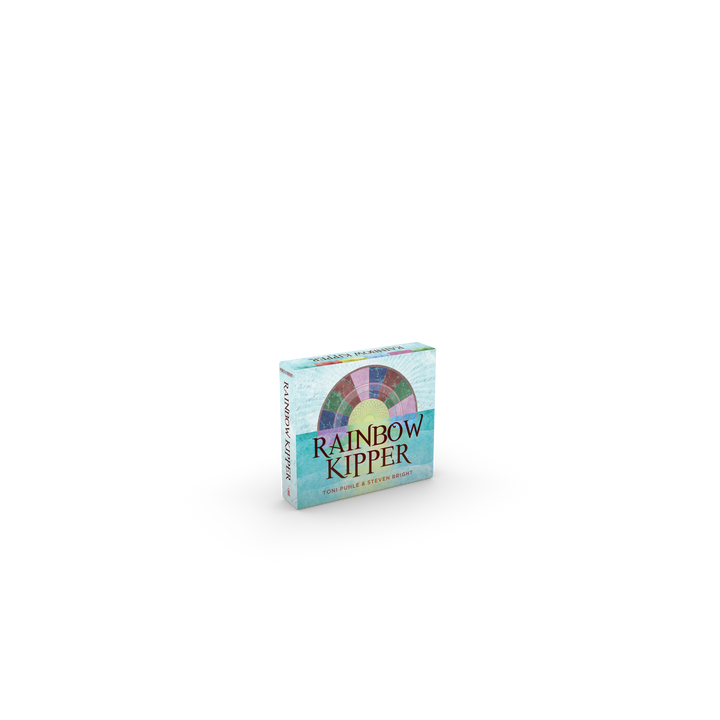 A small, pastel-toned Rainbow Kipper box by Schiffer Publishing, Ltd. sits centered on a white background, featuring a rainbow arc and decorative patterns that hint at the color-coded divination of this unique Kipper deck.