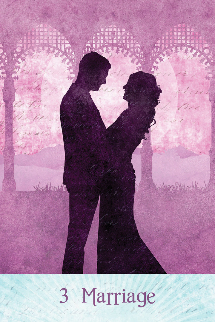 A couple embraces under ornate arches against a pink and purple background, echoing fortune-telling cards. The number 3 and “Marriage” appear below. From Rainbow Kipper by Schiffer Publishing, Ltd.