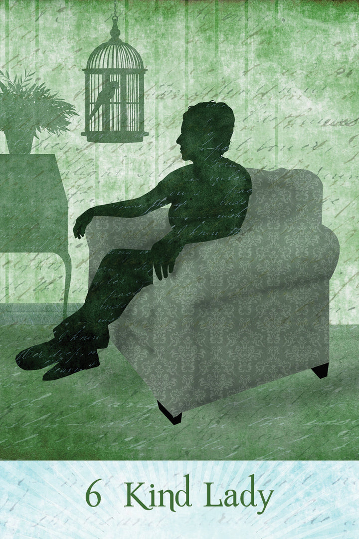 A green-toned illustration from Rainbow Kipper by Schiffer Publishing, Ltd. depicts a woman in an armchair, with a plant on a table and a birdcage behind her. "6 Kind Lady" is written below, inspired by classic fortune-telling cards.