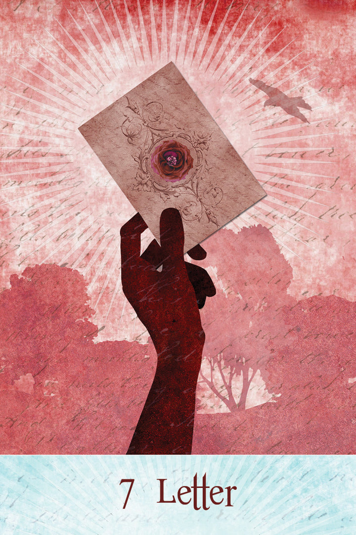 A silhouetted hand holds a sealed envelope against a red and pink backdrop with rays and trees. "Letter" and the number 7, inspired by color-coded fortune-telling, appear below. Product: Rainbow Kipper by Schiffer Publishing, Ltd.