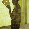 A silhouette holds a mask indoors, set against yellow-green wallpaper and an open door, evoking mystery in the Rainbow Kipper card "8 Dishonesty" by Schiffer Publishing, Ltd. Text at the bottom reads 8 Dishonesty.