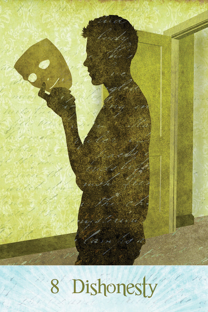 A silhouette holds a mask indoors, set against yellow-green wallpaper and an open door, evoking mystery in the Rainbow Kipper card "8 Dishonesty" by Schiffer Publishing, Ltd. Text at the bottom reads 8 Dishonesty.
