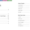 Table of contents for Rainbow Kipper by Schiffer Publishing, Ltd., featuring chapters on card coloring, color-coded divination, Framed Main Characters, Green People, Red Stop Cards, and Blue Movement—each with page numbers.