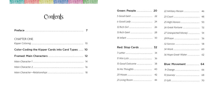 Table of contents for Rainbow Kipper by Schiffer Publishing, Ltd., featuring chapters on card coloring, color-coded divination, Framed Main Characters, Green People, Red Stop Cards, and Blue Movement—each with page numbers.